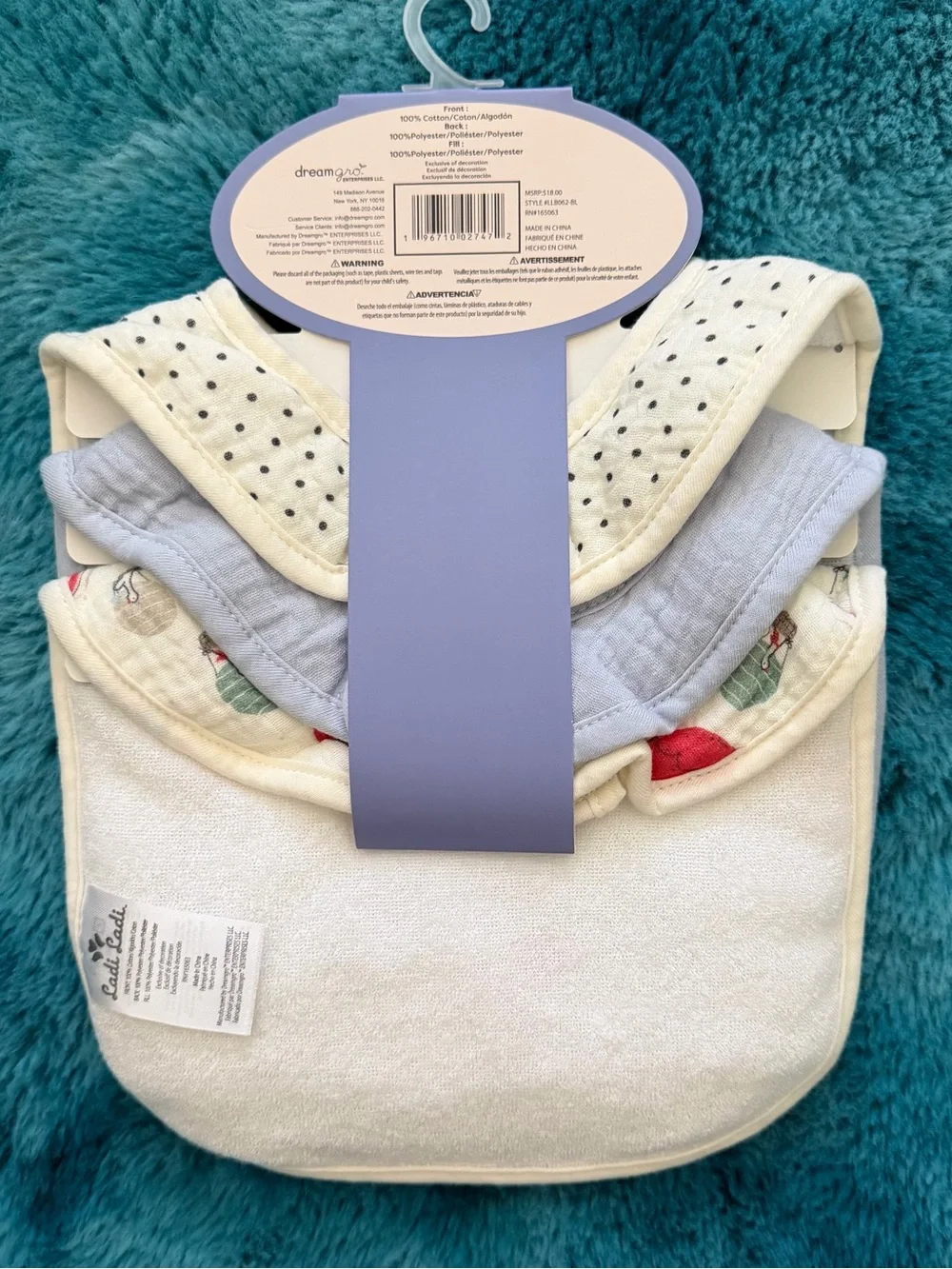 Ladi Ladi Cream & Blue Baby Bibs - 3 Pack